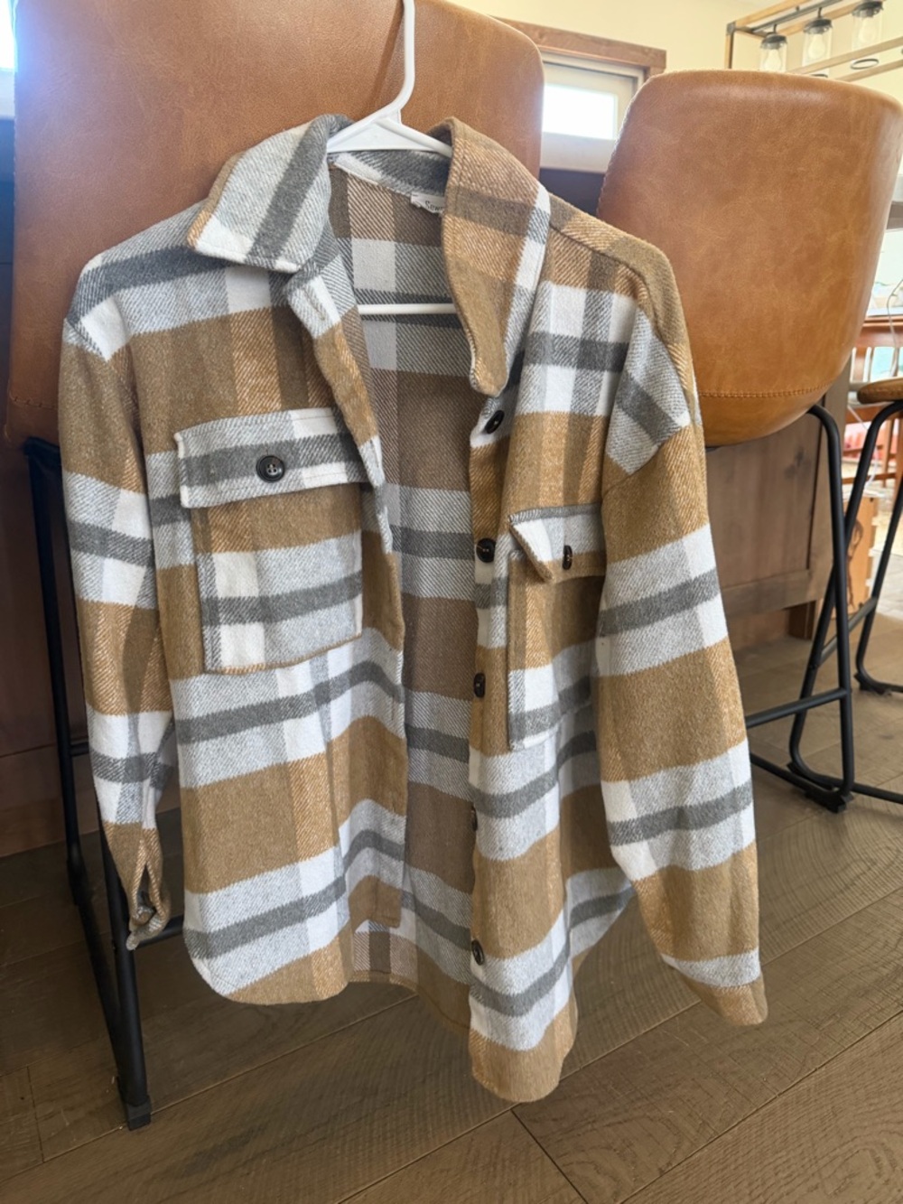 Cozy Plaid Shacket in Camel, Gray & White